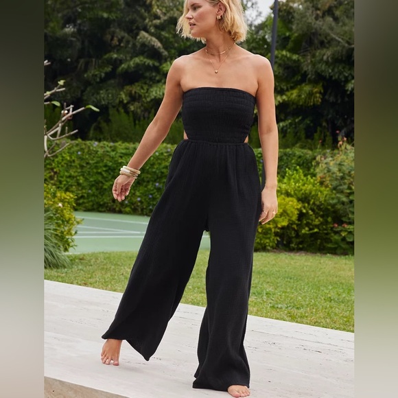 aerie Pants - Aerie Black Gauzy Strapless Wide Leg Jumpsuit size Large EUC